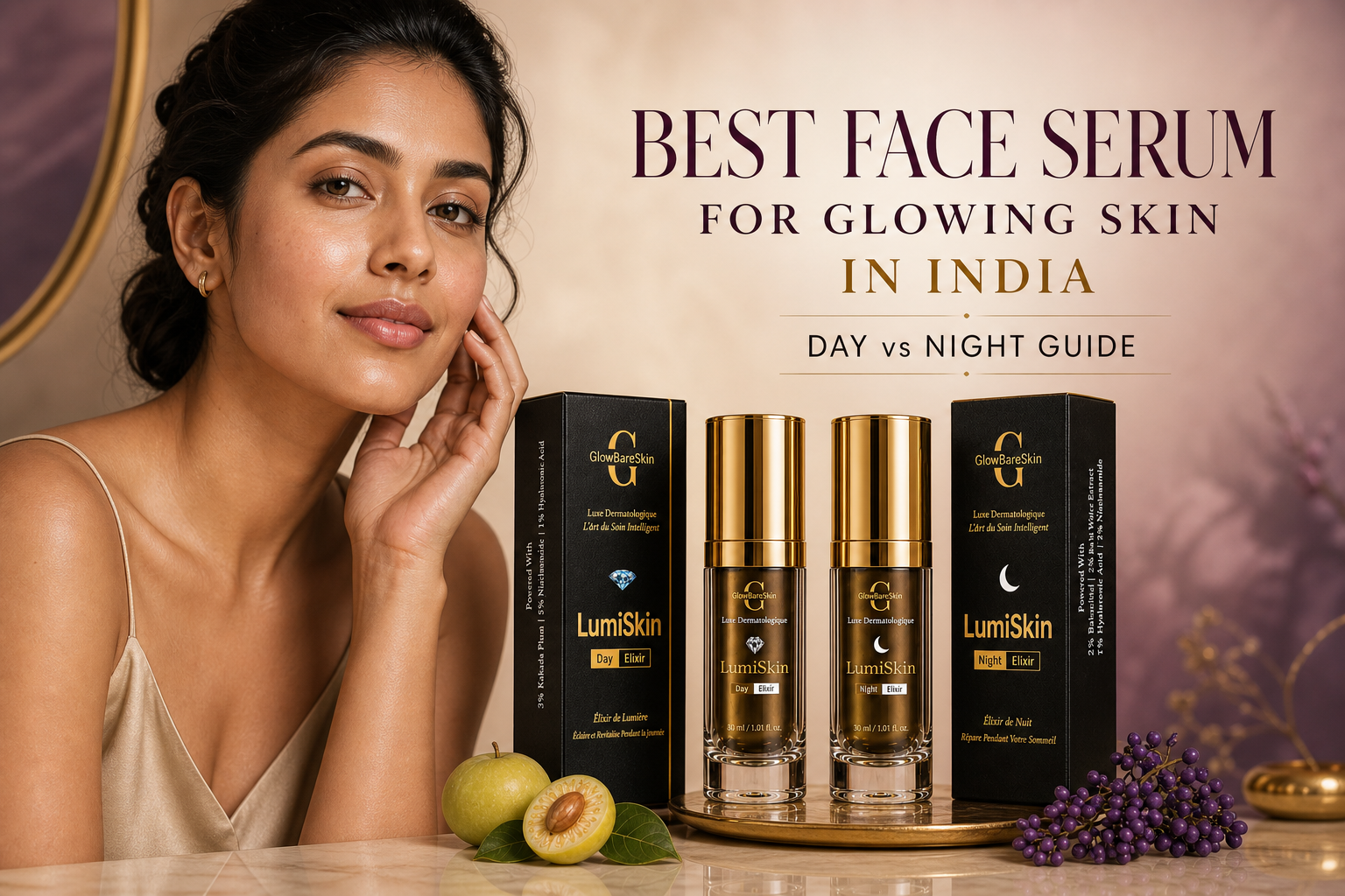 Best face serum for glowing skin in India day versus night guide with GlowBareSkin LumiSkin serums