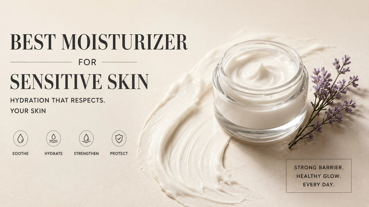 Jar of white cream with lavender sprig and headline “Best Moisturizer for Sensitive Skin” on a neutral backdrop.