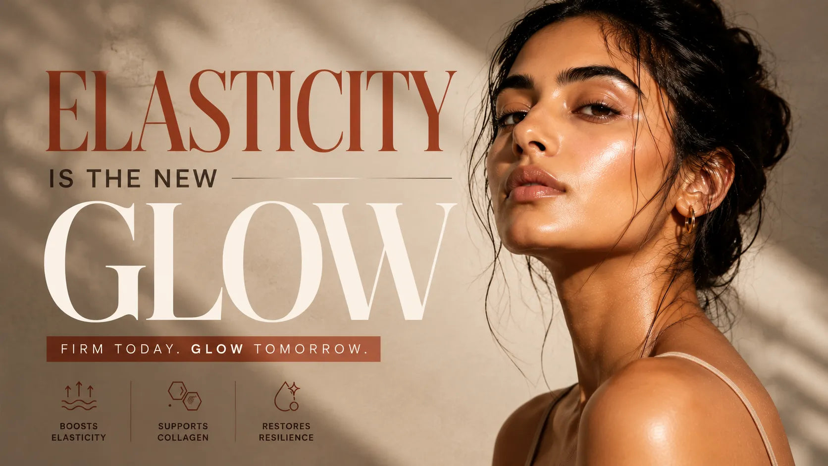 Editorial portrait of an Indian woman with radiant, firm skin representing the best skincare products for improving skin elasticity and collagen support.