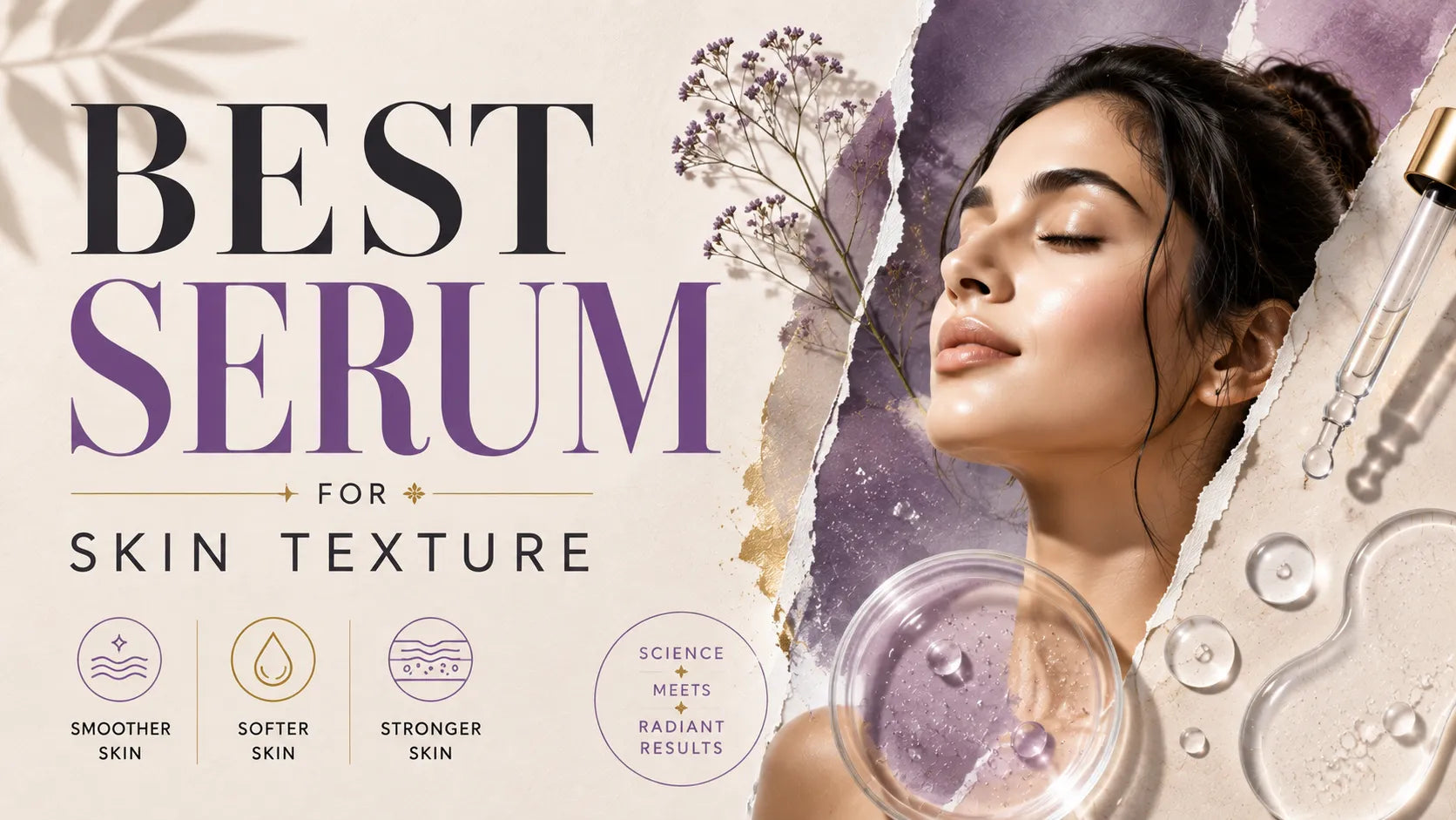 Best serum for skin texture banner with purple “SERUM” text, dewy skin model, and glossy serum visuals in a luxury editorial layout.