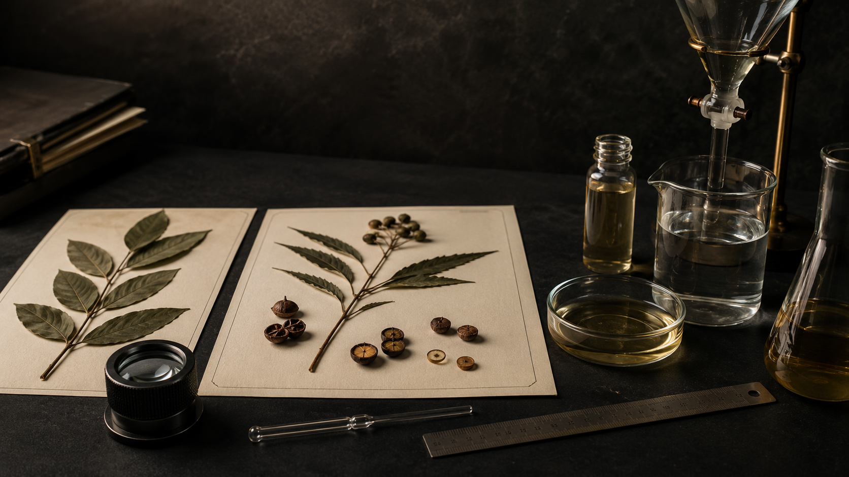 Luxury botanical research desk with pressed specimens and extraction vessels