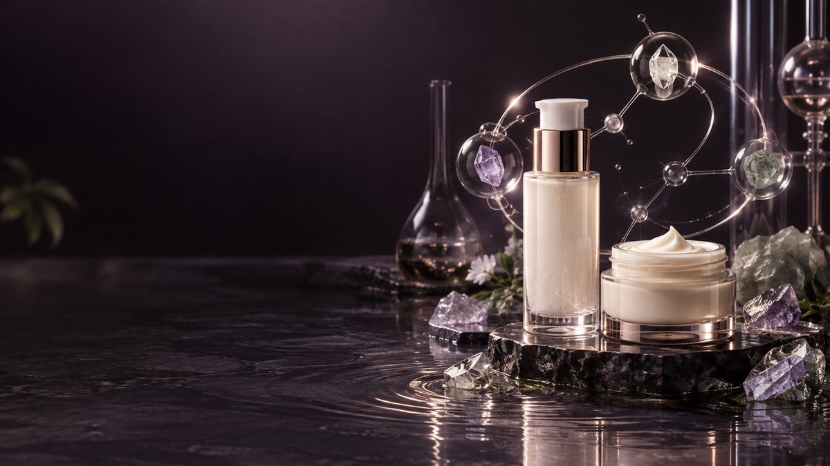 Luxury dark-plum cosmetic laboratory with cleanser, cream, water ripples and mineral-inspired forms