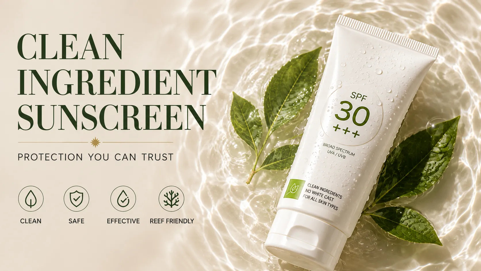 Sunlit SPF 30+++ sunscreen tube on rippling water with green leaves and headline “Clean Ingredient Sunscreen.”