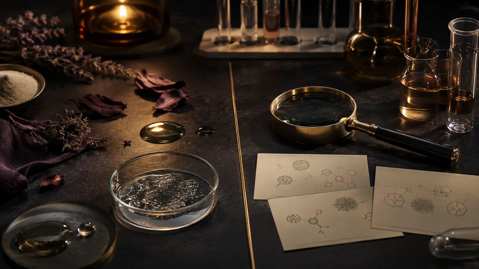 Luxury editorial laboratory still life exploring common skincare ingredient myths