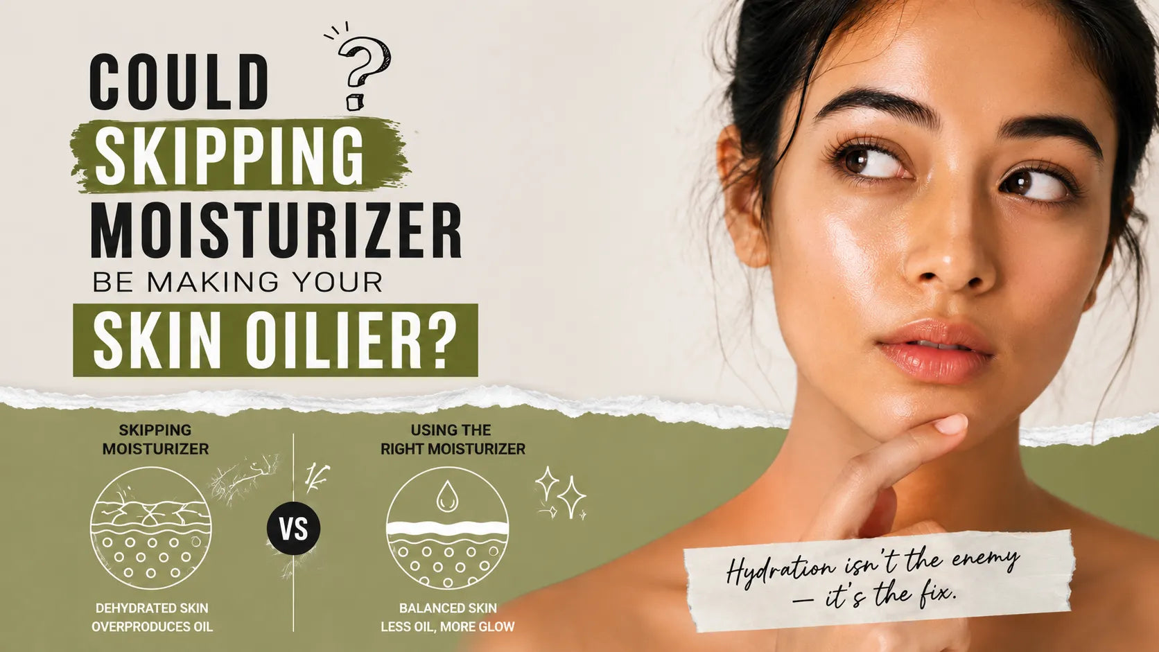 Editorial skincare banner explaining how skipping moisturizer may make oily skin feel oilier by contributing to dehydration and an unbalanced skin barrier, with a comparison of dehydrated versus balanced skin