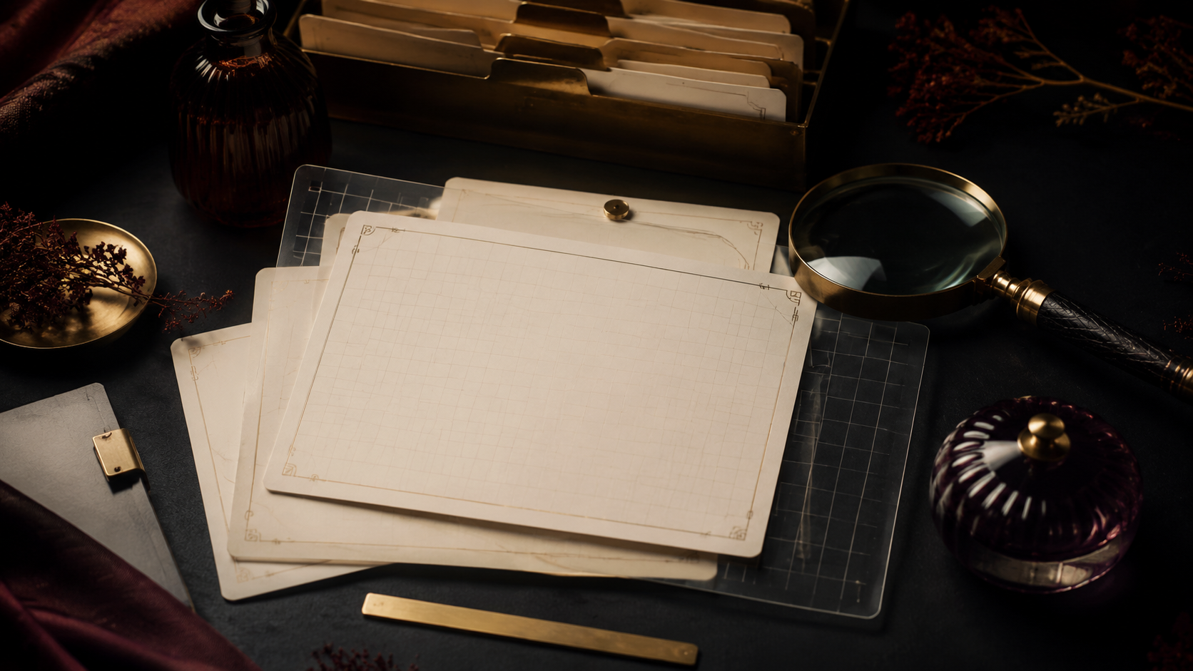 Luxury editorial skincare evidence archive with blank chart cards and magnifying lens
