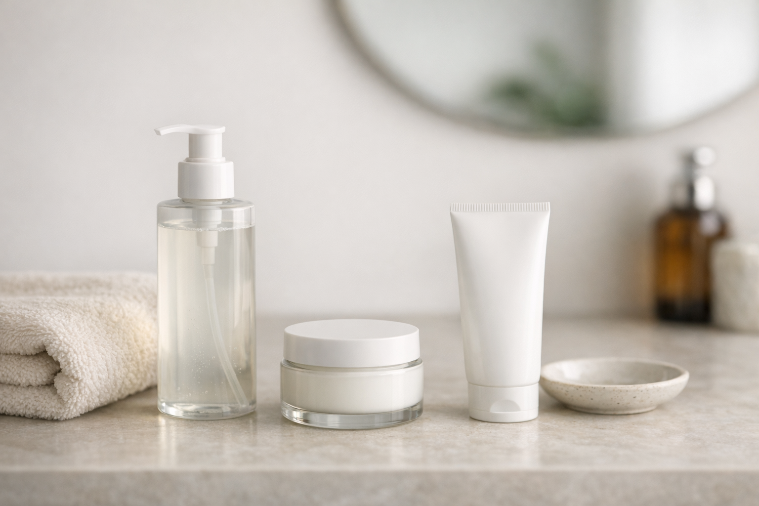 Clean bathroom vanity with cleanser, moisturizer, and sunscreen arranged neatly.