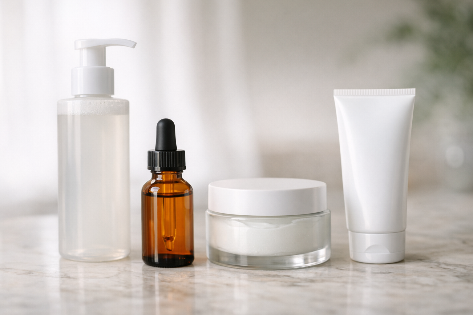 Skincare products for a basic glowing-skin routine: cleanser, vitamin C serum, moisturizer, and sunscreen on a bathroom counter.