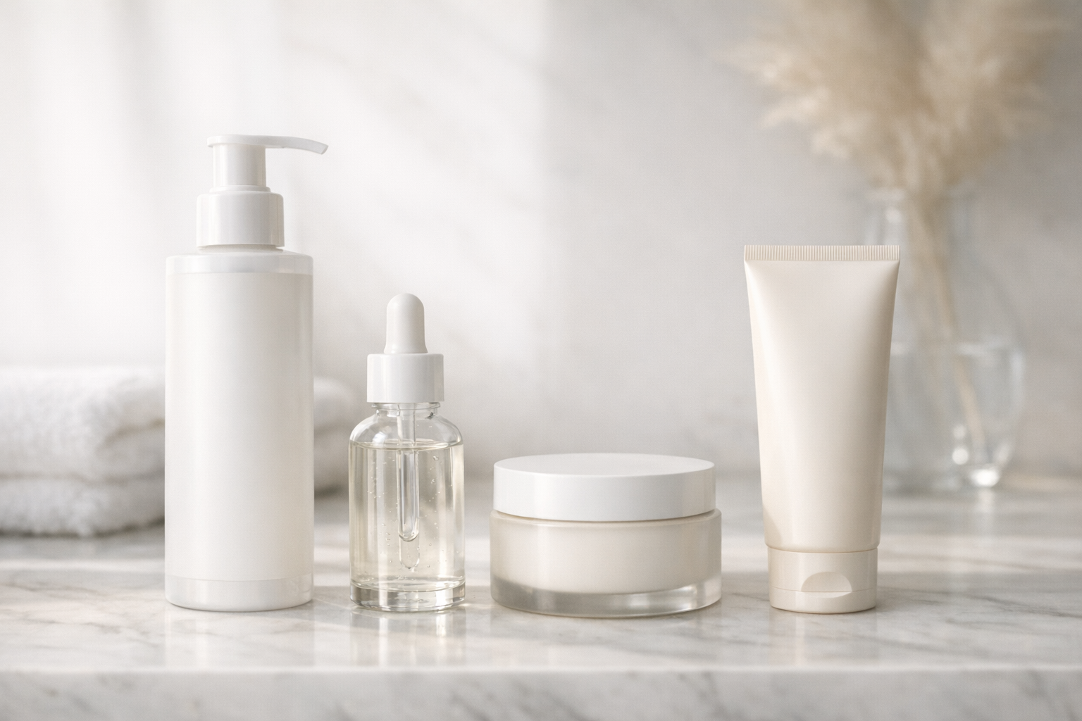 Morning skincare products arranged on a bathroom counter: cleanser, serum, moisturizer, and sunscreen