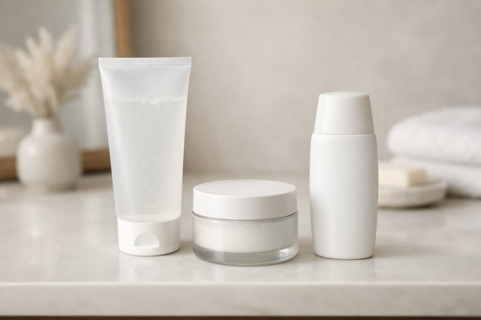 Gentle cleanser, moisturizer, and sunscreen arranged on a bathroom counter