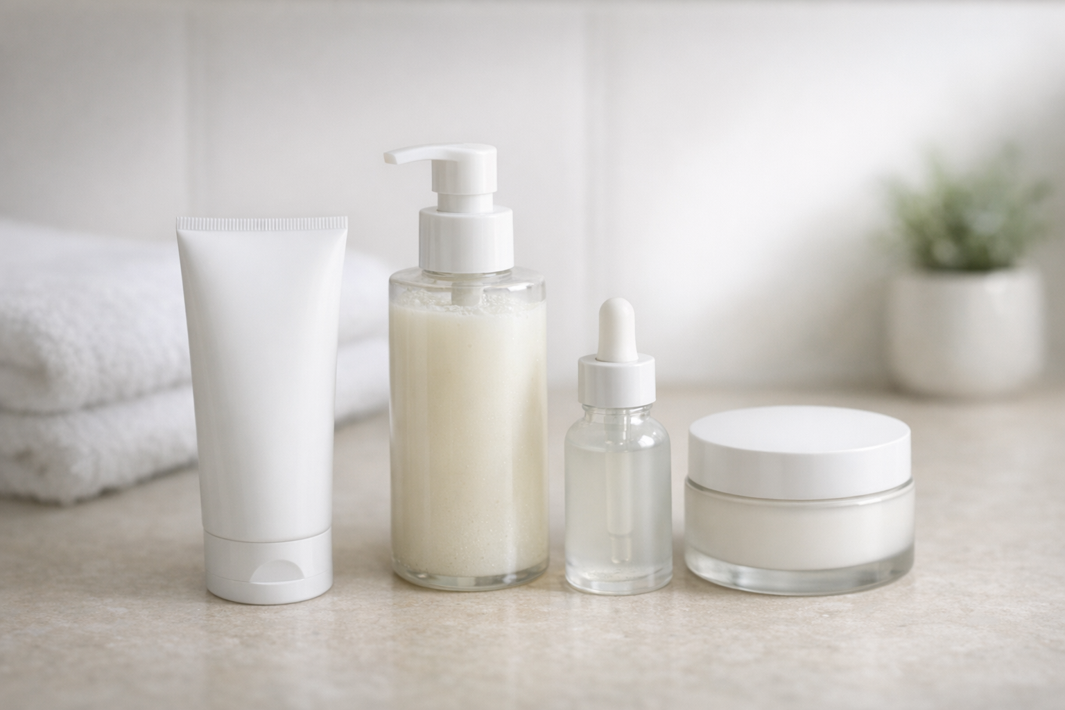 Skincare products including sunscreen, cleanser, moisturizer, and serum on a neutral counter in soft lighting