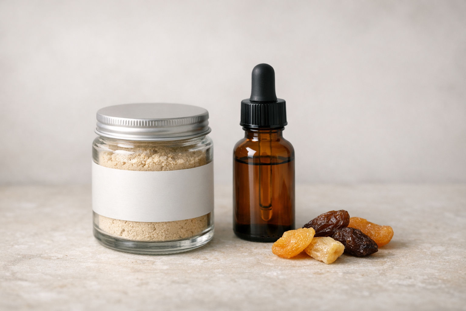 Glass jar of botanical powder and an amber dropper bottle on a neutral surface under soft lighting
