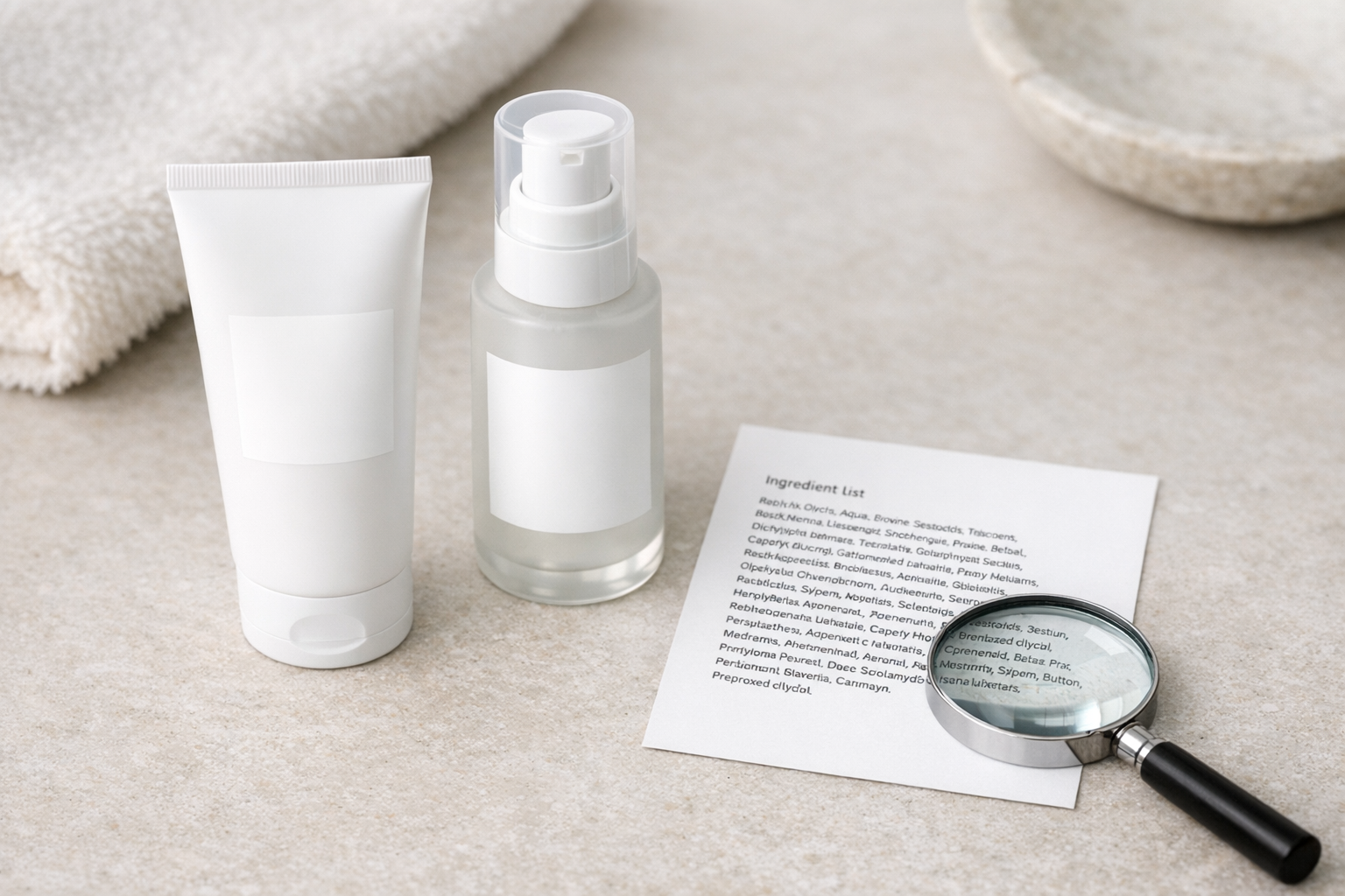 Skincare containers with blank labels next to an ingredient list card and a magnifying glass on a neutral counter