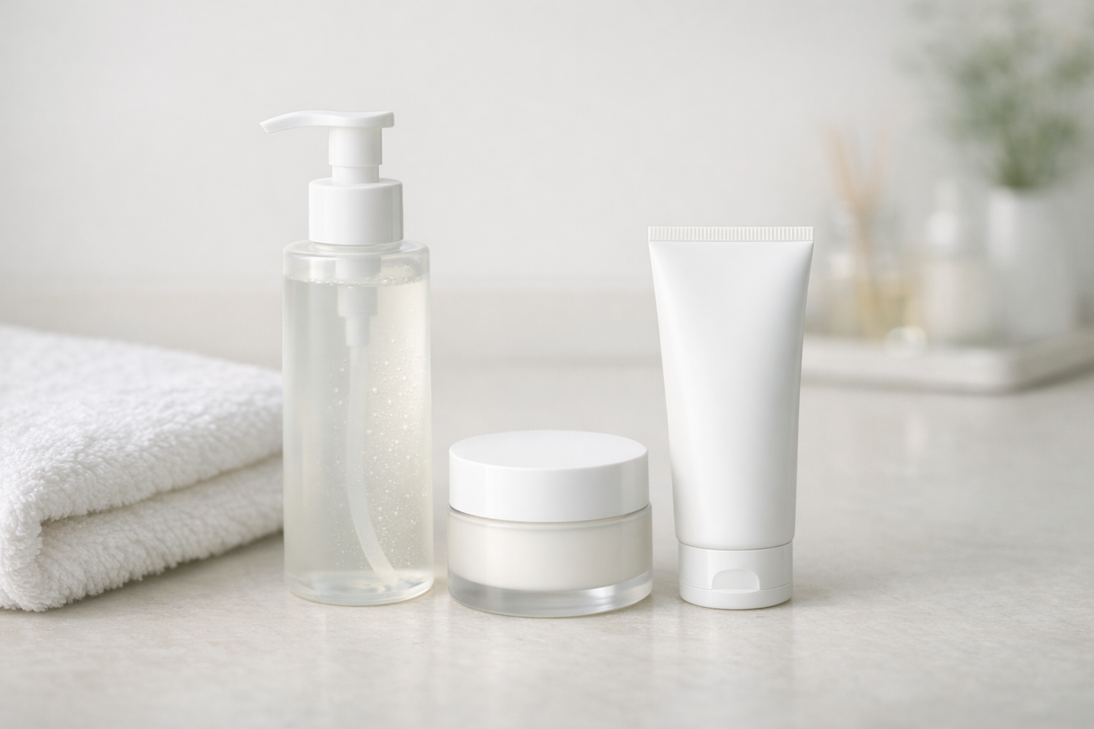 Skincare routine products on a neutral bathroom counter, including cleanser, moisturizer, and sunscreen.
