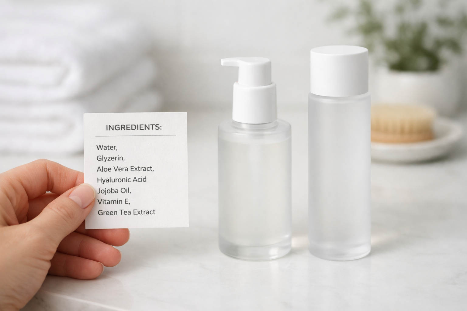 Hand holding an ingredient list label beside two unlabeled skincare bottles on a bathroom counter
