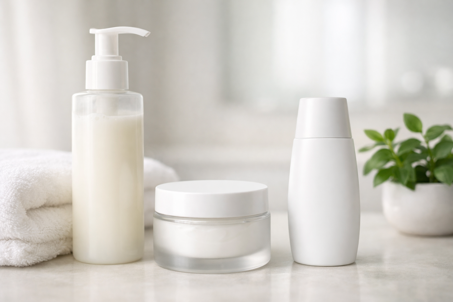 Gentle cleanser, moisturizer, and sunscreen arranged on a clean bathroom counter with soft daylight.