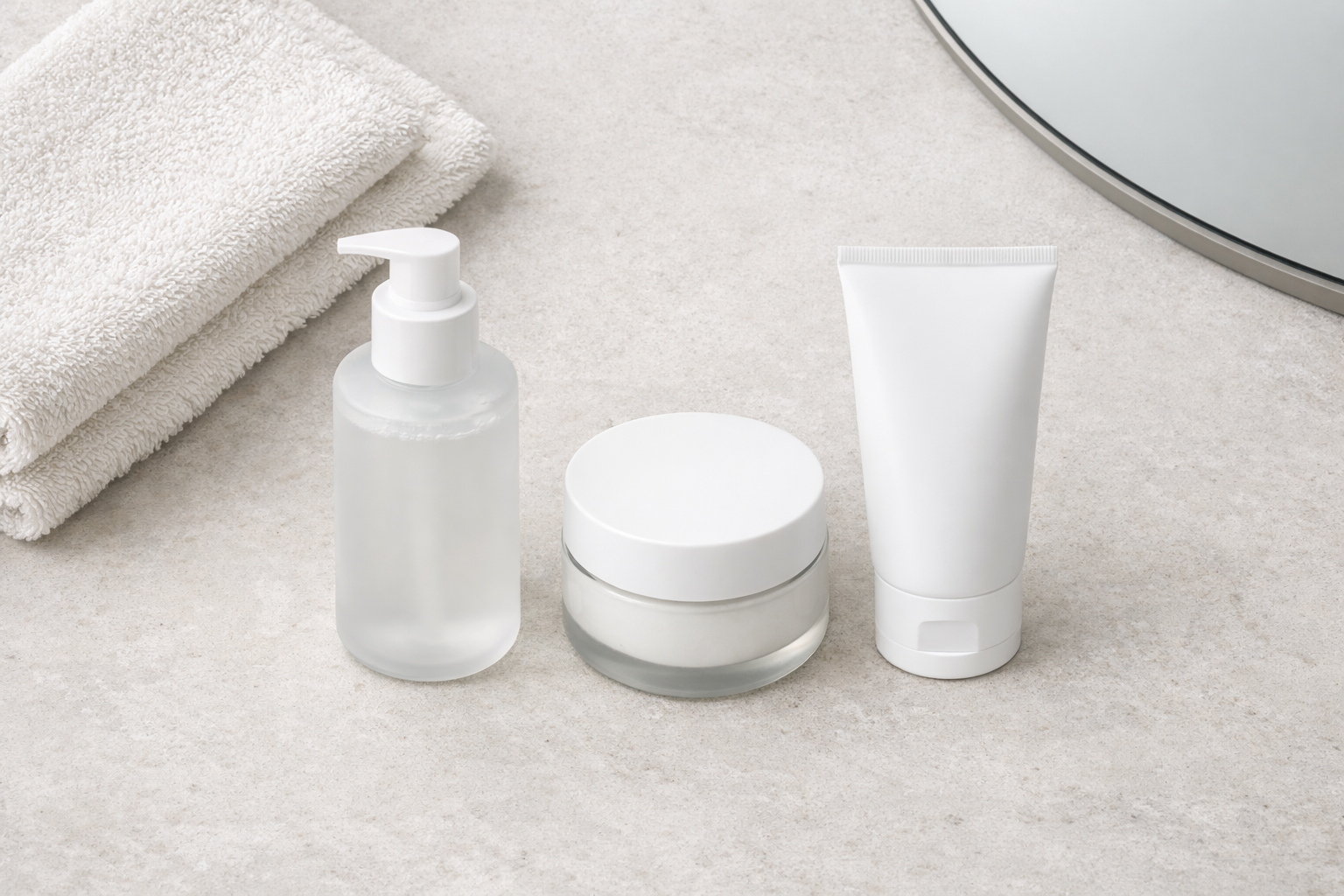 Skincare flat lay showing a cleanser, moisturizer, and sunscreen on a light bathroom counter with a towel.