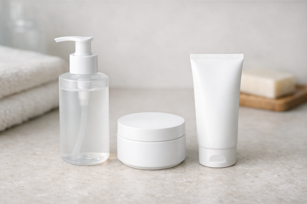 Clean skincare flat lay with cleanser, moisturizer, and sunscreen on a neutral counter