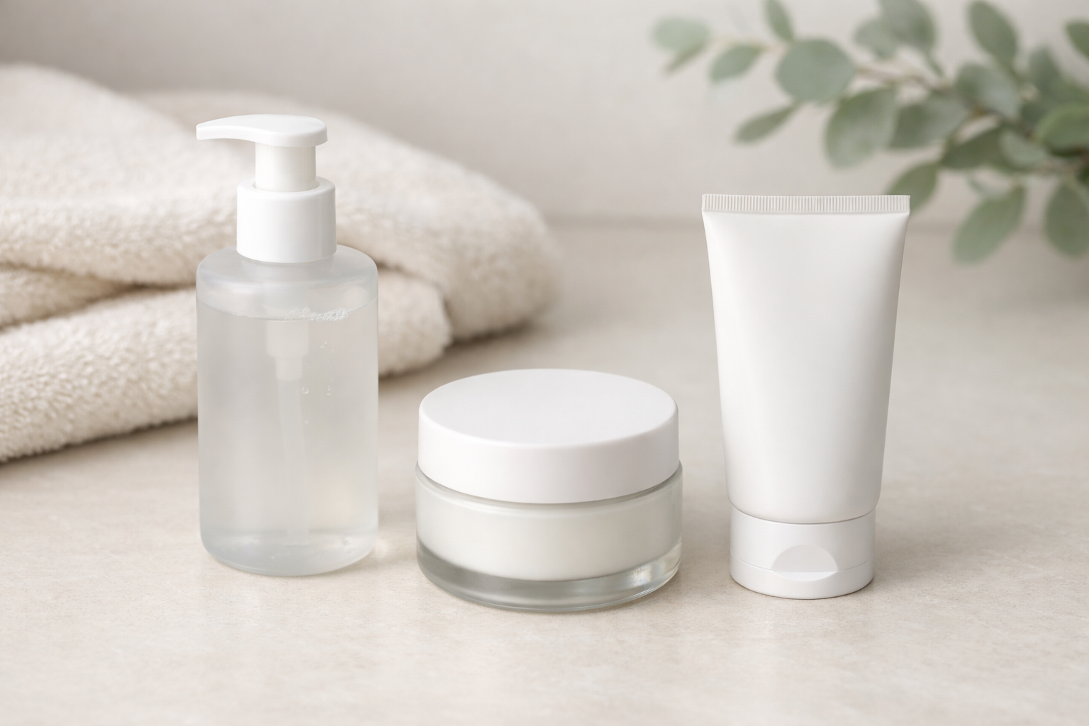 Skincare essentials including cleanser, moisturizer, and sunscreen arranged on a bathroom counter.