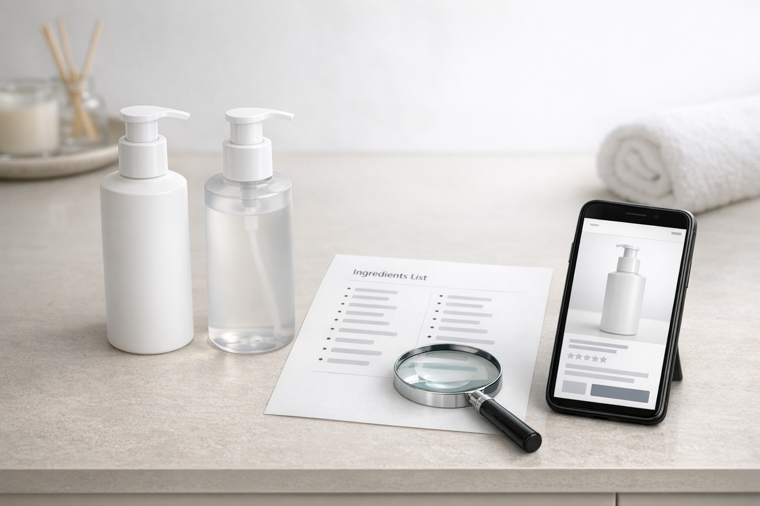 Skincare comparison setup with bottles, ingredient list paper, magnifying glass, and smartphone on a neutral vanity