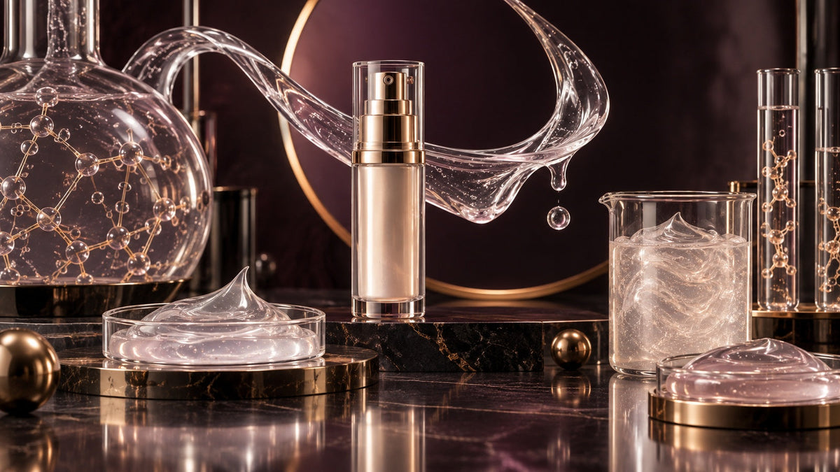 Luxury dark-plum cosmetic laboratory with translucent gel ribbons, beakers and an airless serum bottle