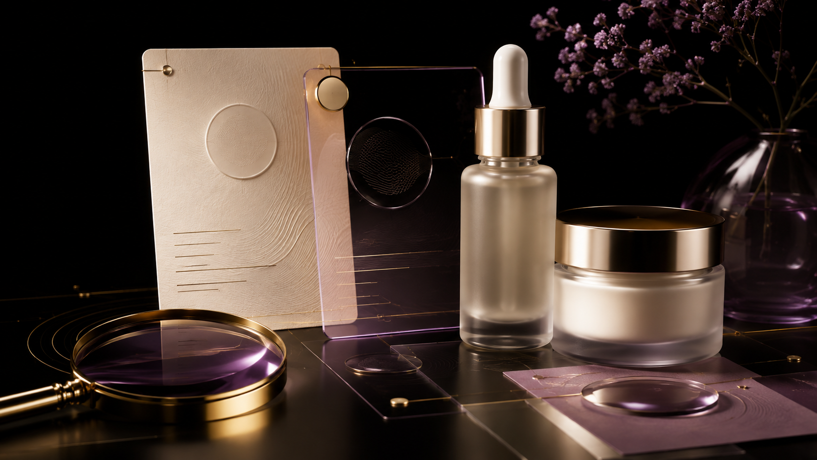 Serum bottle, evidence cards and magnifying glass illustrating the GlowBareSkin cosmetic claims evidence database