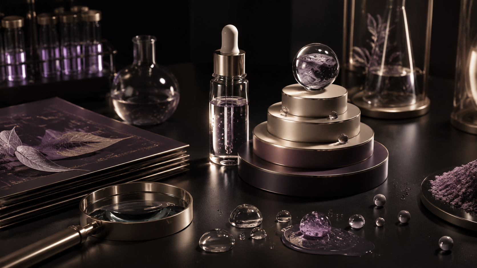 Luxury beauty research still life with serum, magnifying glass and tiered evidence pedestal