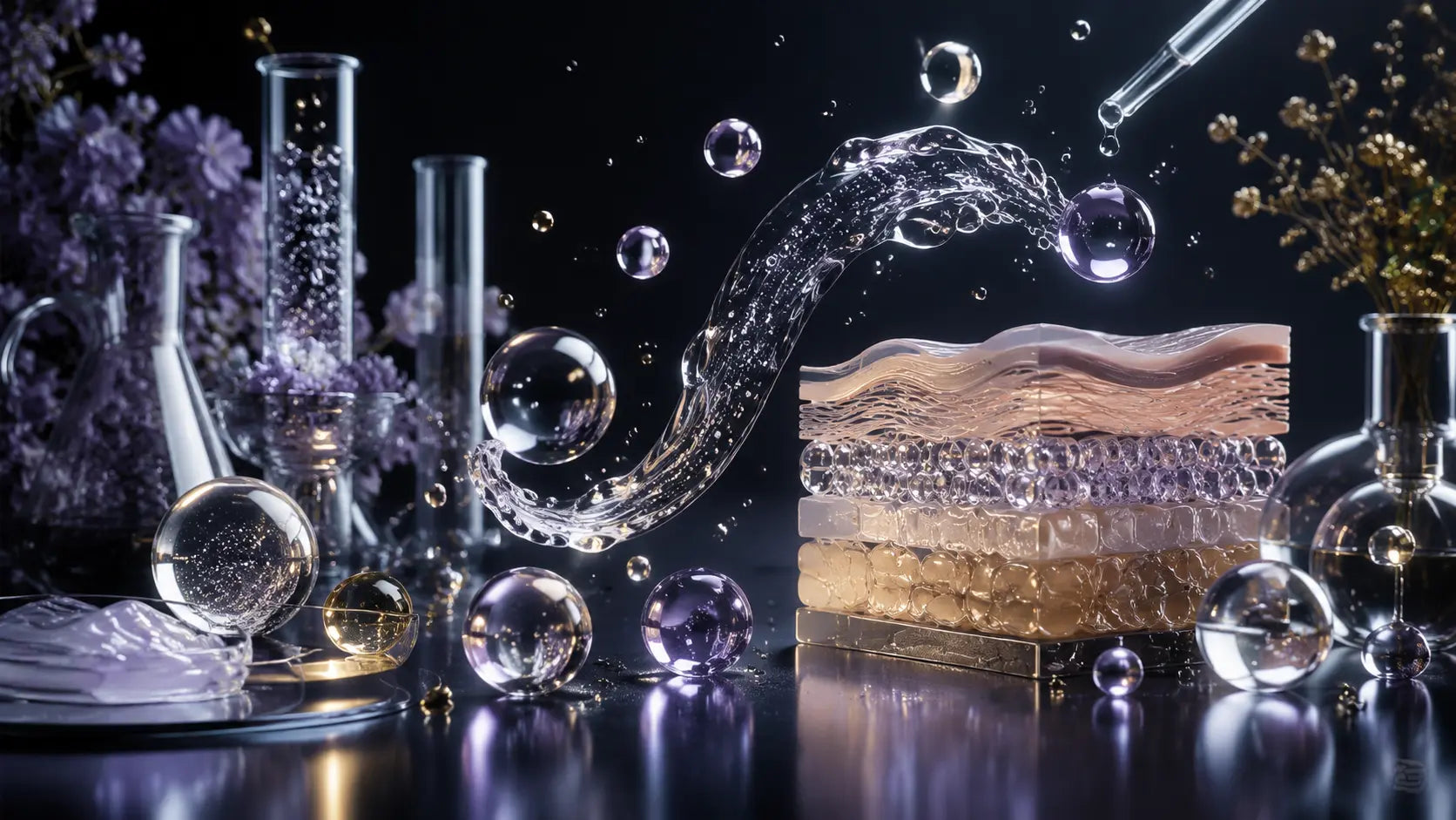 Luxury hydration laboratory still life for the GlowBareSkin hyaluronic acid research library