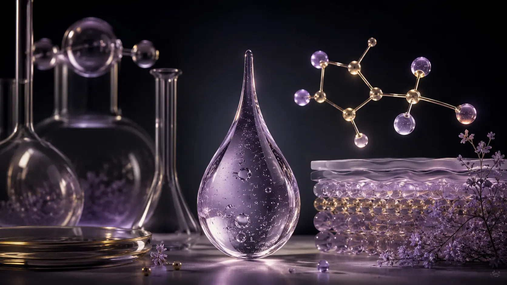 Luxury laboratory still life for the GlowBareSkin niacinamide research library