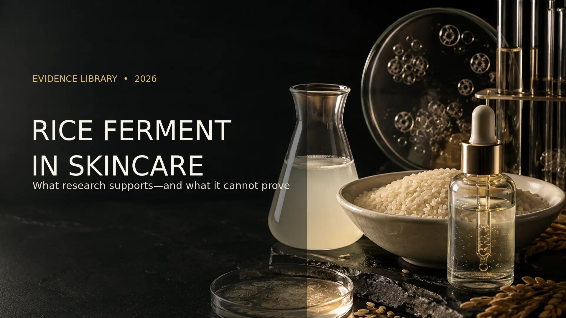 Rice ferment skincare research hero with rice, fermentation vessels and laboratory glassware