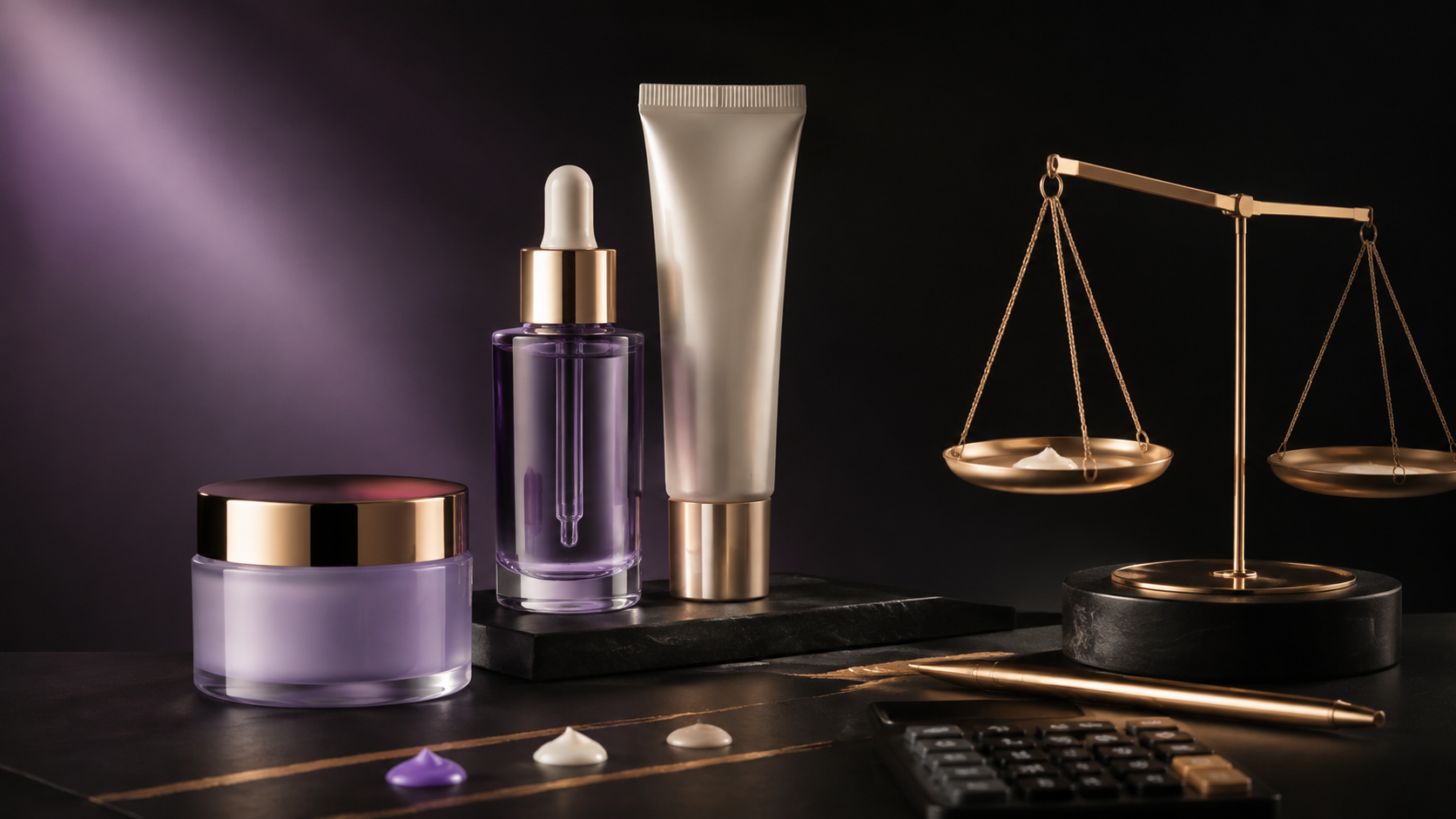 Luxury skincare products, precision balance and calculator illustrating skincare cost per use