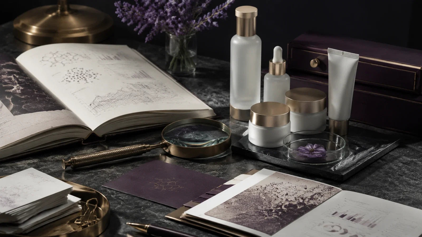 Luxury editorial skincare research citation finder still life