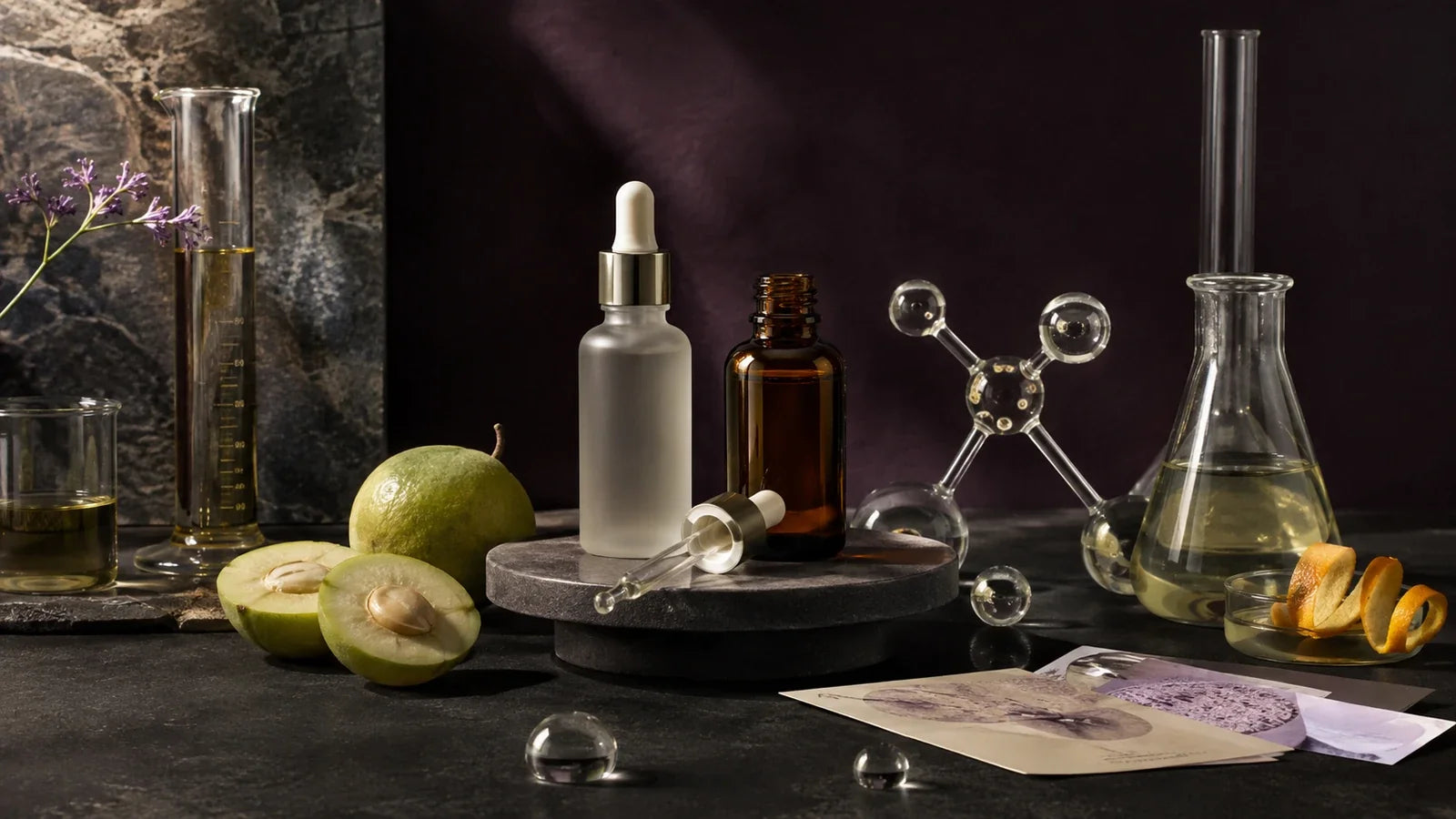Luxury editorial vitamin C derivatives evidence database still life