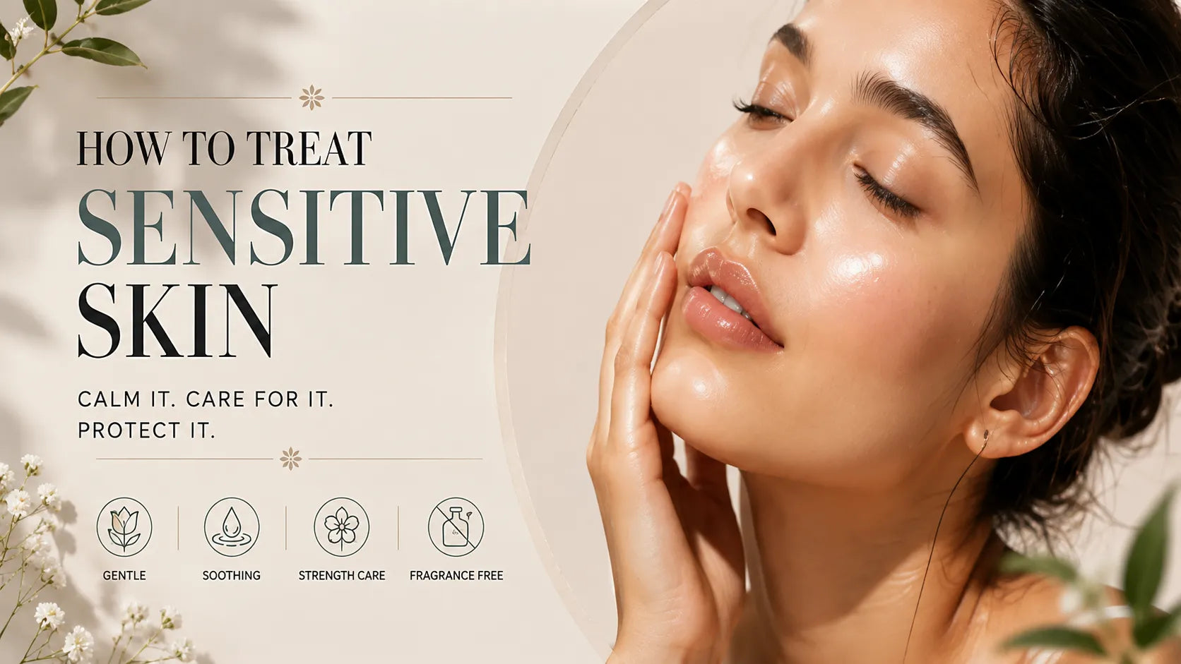 Glowing woman touching face beside headline ‘How to Treat Sensitive Skin’ on a soft neutral editorial background.Glowing woman touching face beside headline ‘How to Treat Sensitive Skin’ on a soft neutral editorial background.