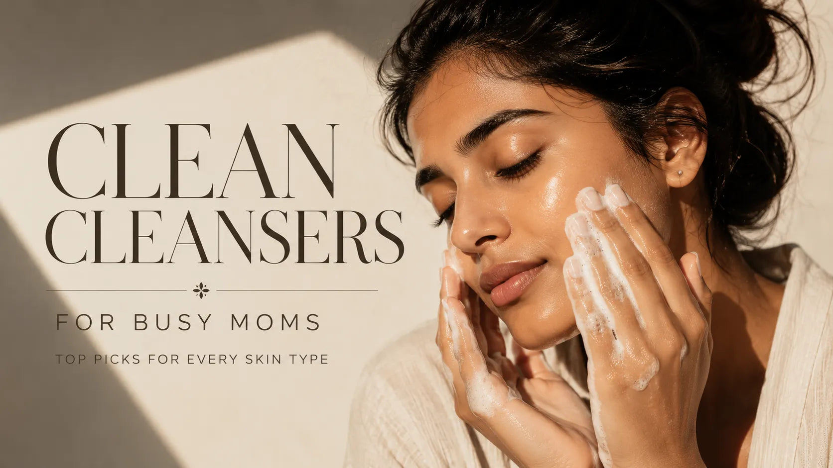 Editorial hero image of an Indian woman using a gentle facial cleanser, representing clean skincare for busy moms and every skin type.