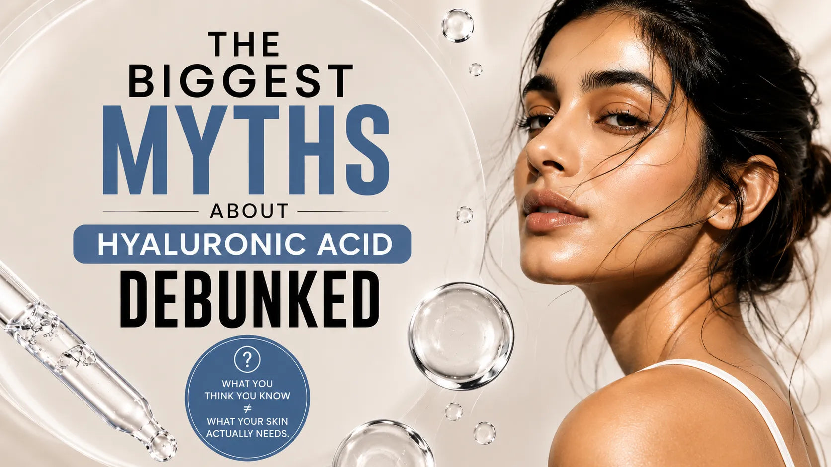 Editorial skincare illustration about common hyaluronic acid myths, explaining why skin can still feel dry after hyaluronic acid and how a healthy skin barrier and moisturizer improve long-lasting hydration.