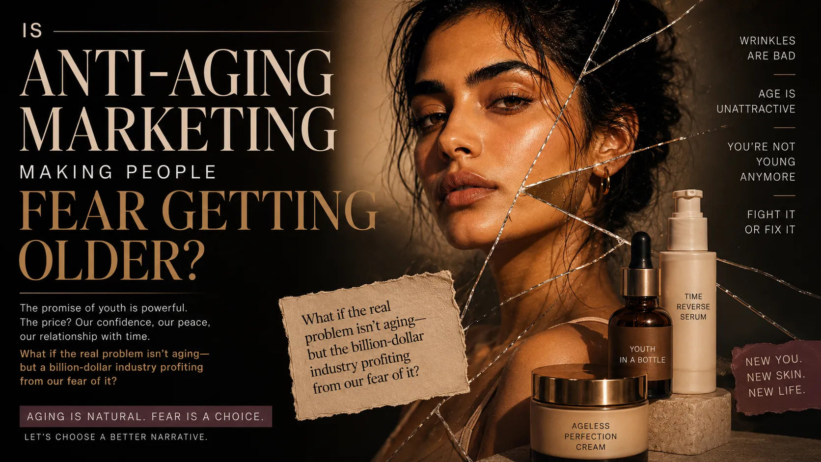Is anti-aging marketing making people fear getting older? Editorial illustration exploring beauty industry messaging, aging, confidence, and skincare marketing.