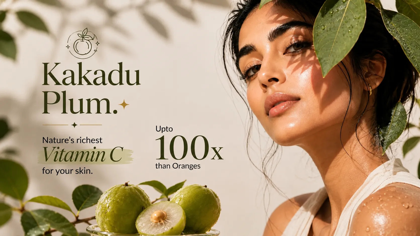 Editorial banner featuring a glowing woman with Kakadu Plum fruit, highlighting Kakadu Plum as one of the richest natural sources of vitamin C for brighter, antioxidant-rich skincare.