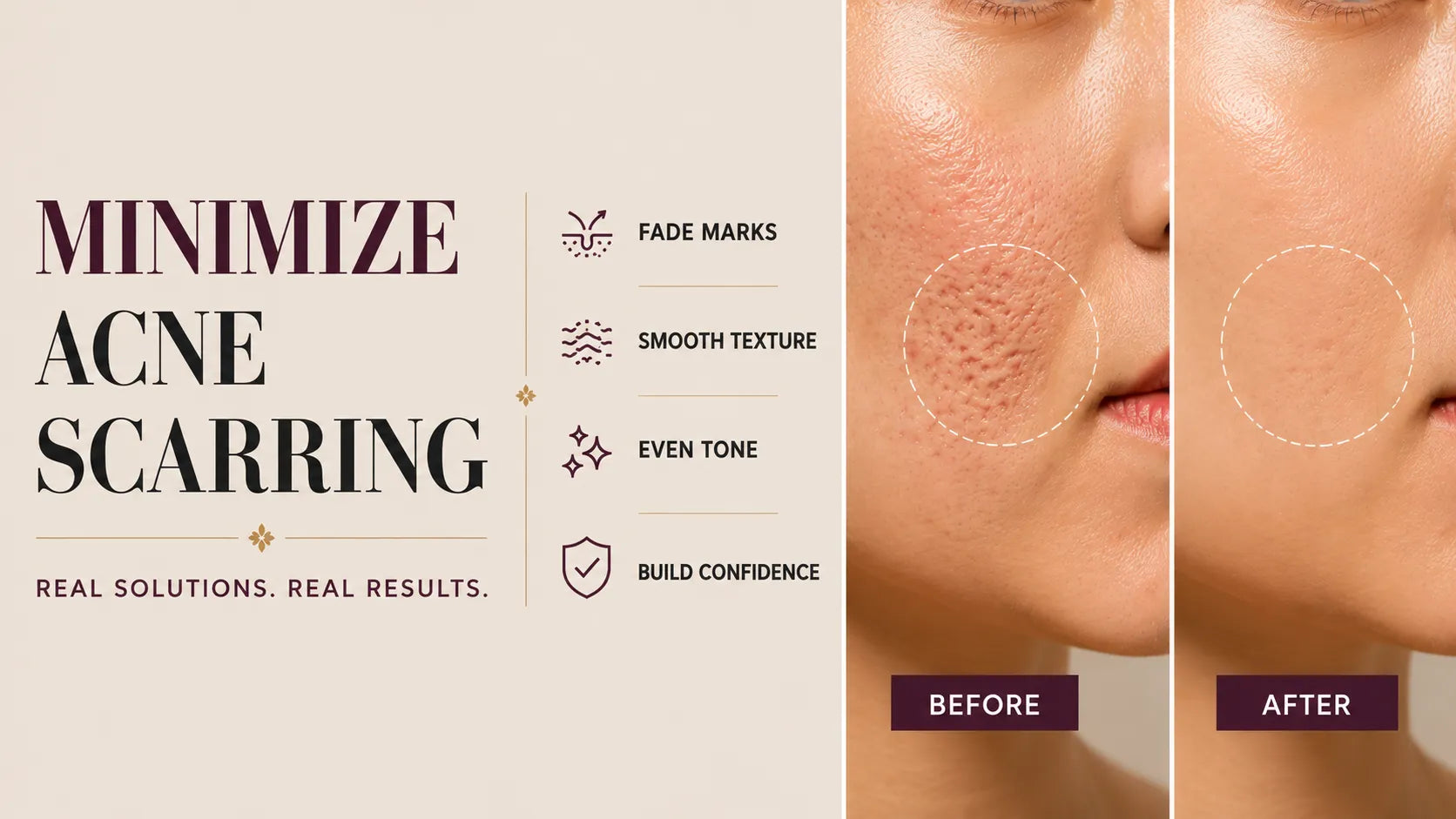 Side-by-side face close-ups show acne scars before and smoother skin after next to headline “Minimize Acne Scarring"