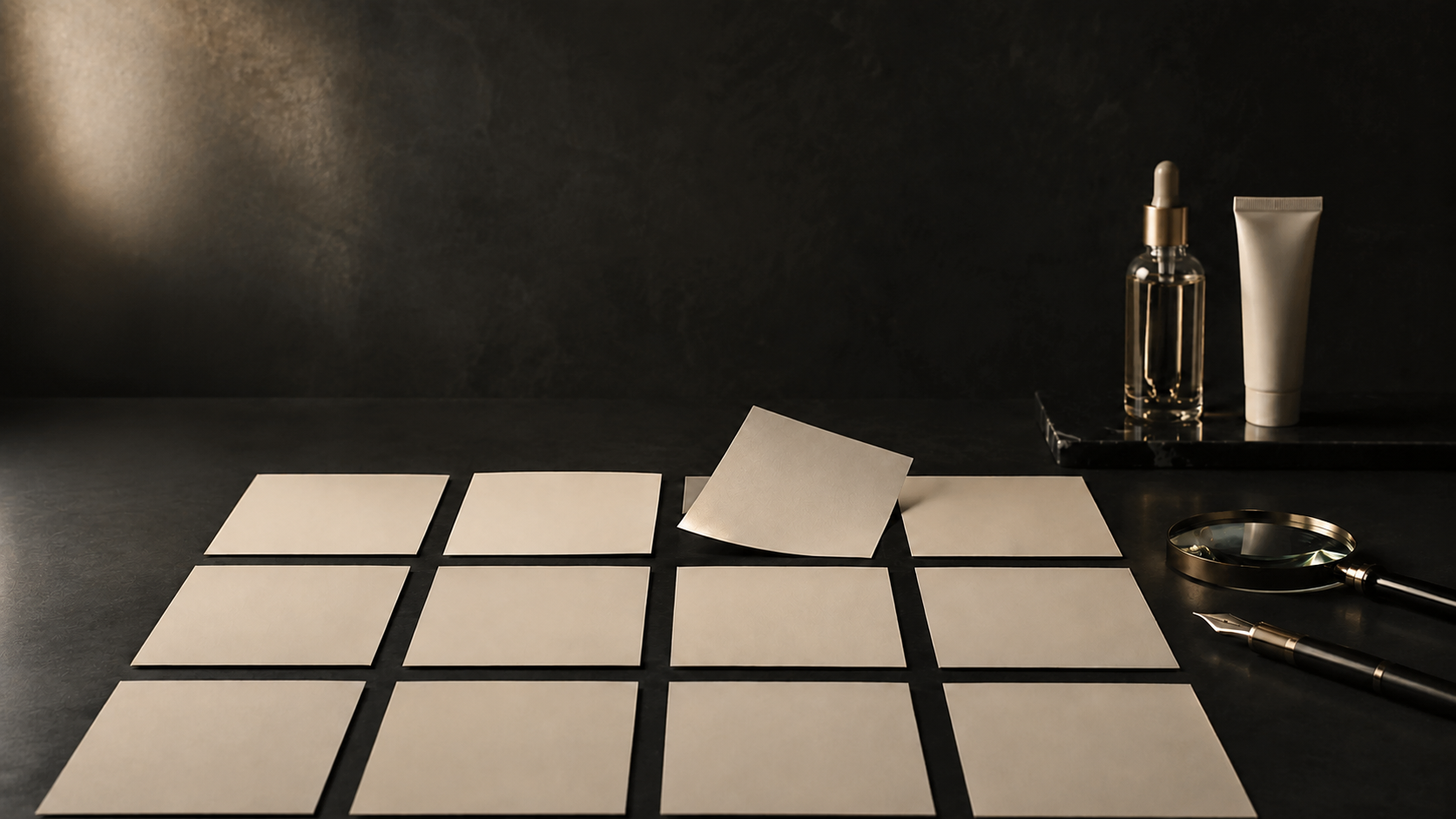 Luxury editorial skincare evidence bulletin desk with blank monthly briefing cards