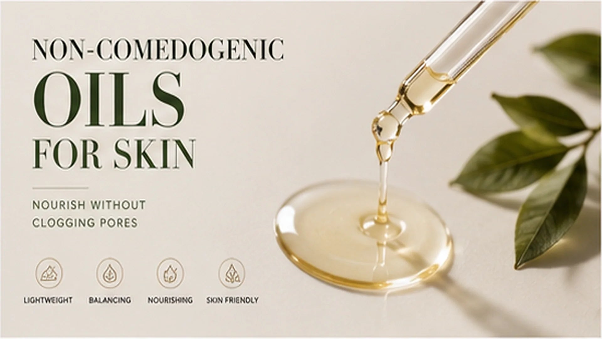 Non-comedogenic oils for skin with a facial oil dropper and botanical leaves.