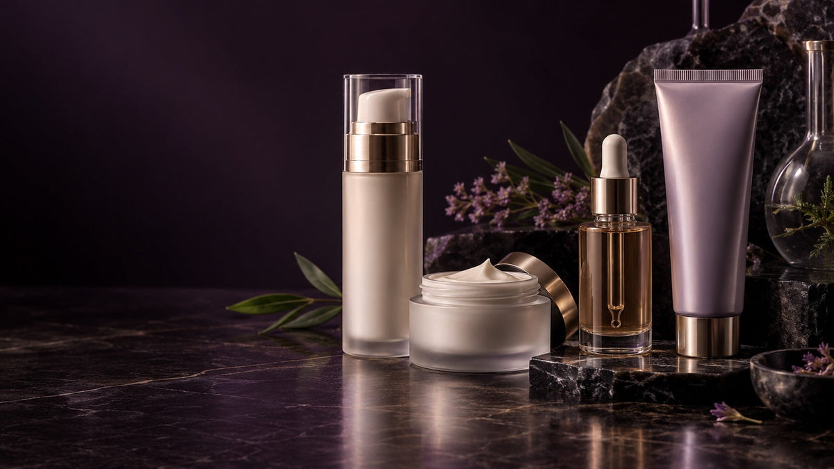 Luxury dark-plum studio comparison of an airless pump, cream jar, dropper bottle and squeeze tube