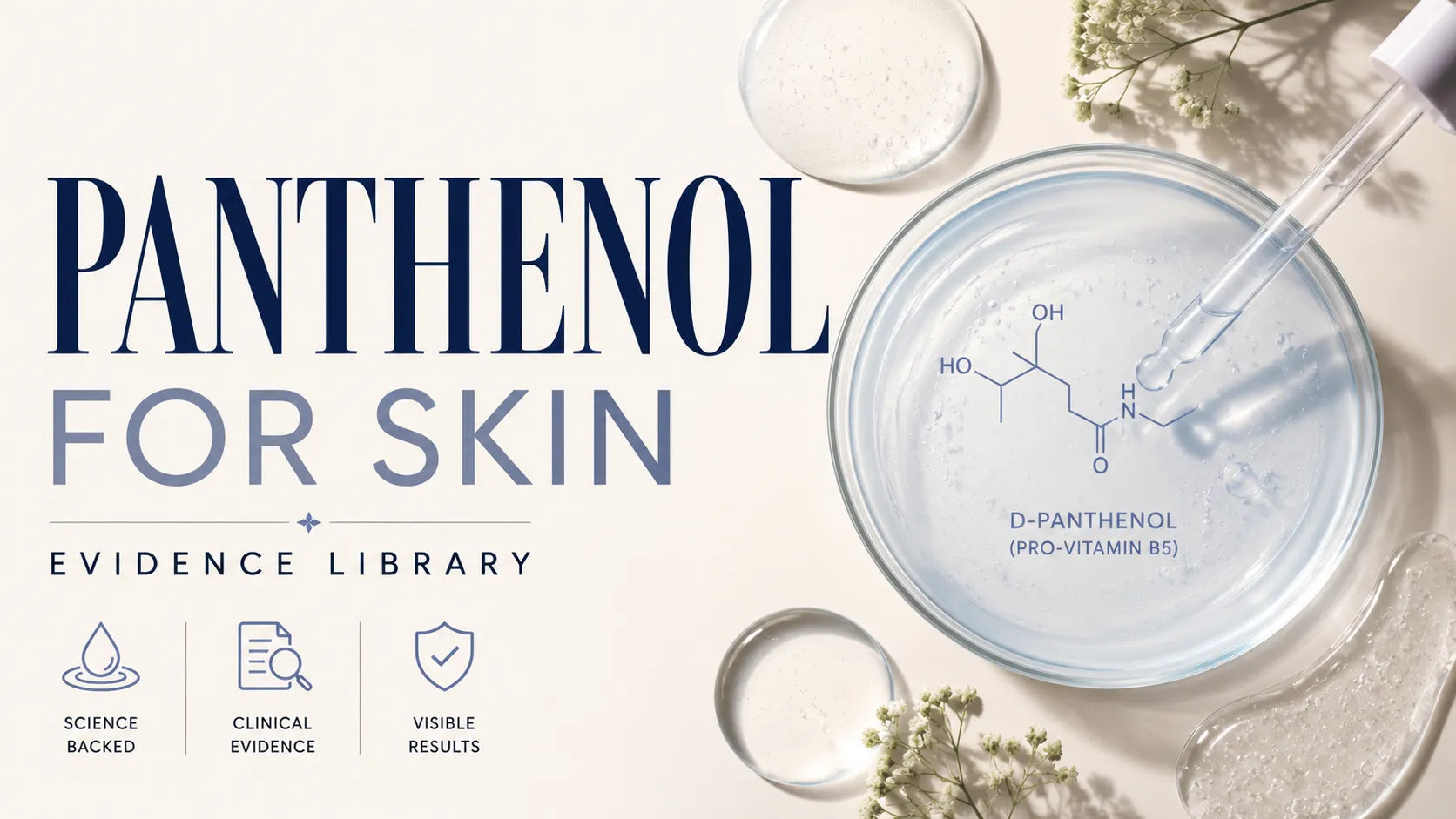 Panthenol skincare banner with large typography and lab-style serum visuals highlighting evidence-based skin benefits.