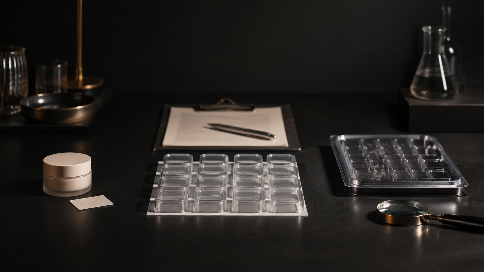 Luxury editorial patch-testing research desk with three unlabeled testing stations