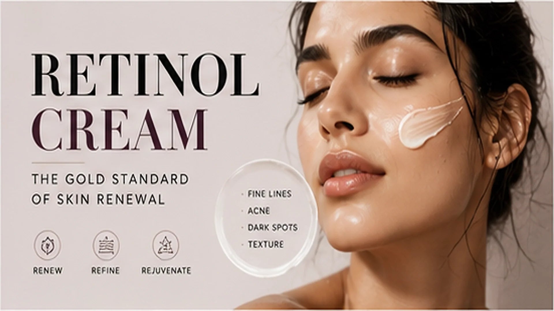 Retinol cream editorial guide with a woman applying cream and common skin concerns.