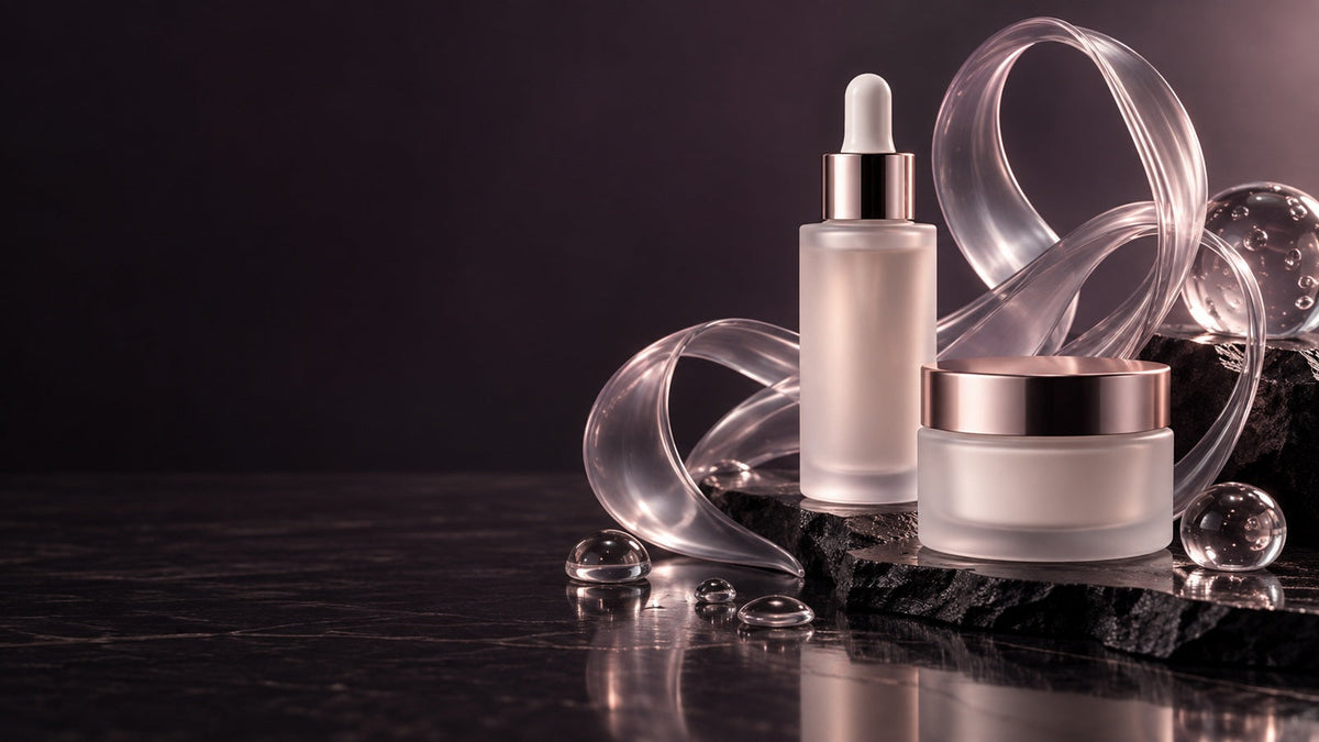 Luxury dark-plum cosmetic laboratory with unbranded serum, cream jar and translucent silicone-inspired ribbons