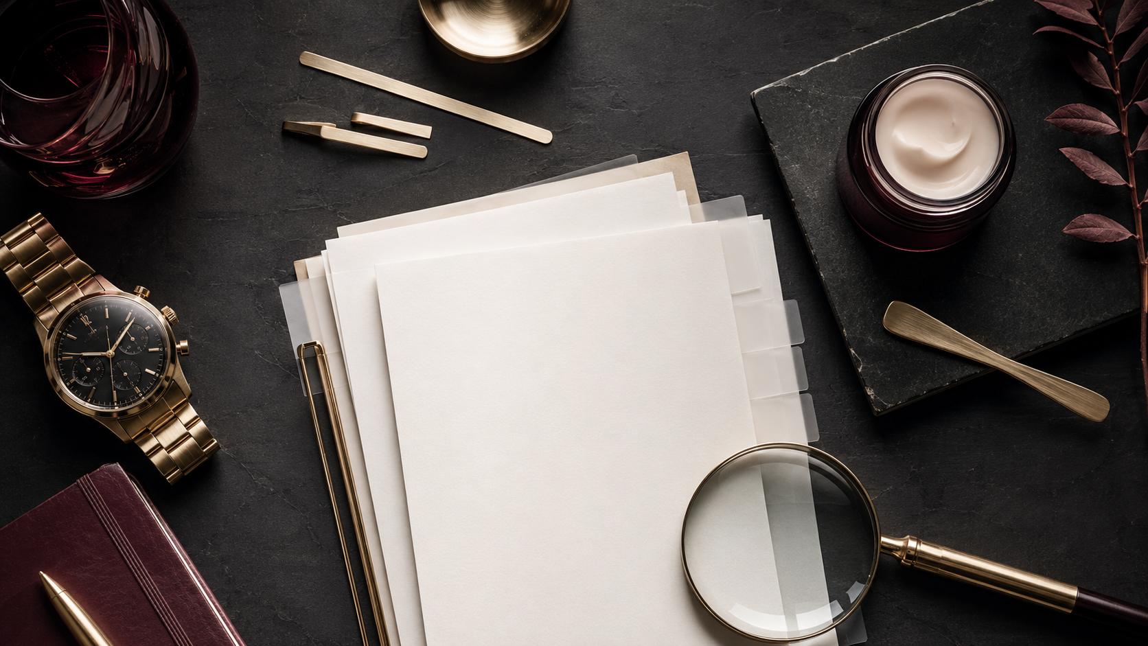 Luxury editorial skincare evidence review desk with watch, papers and magnifying lens