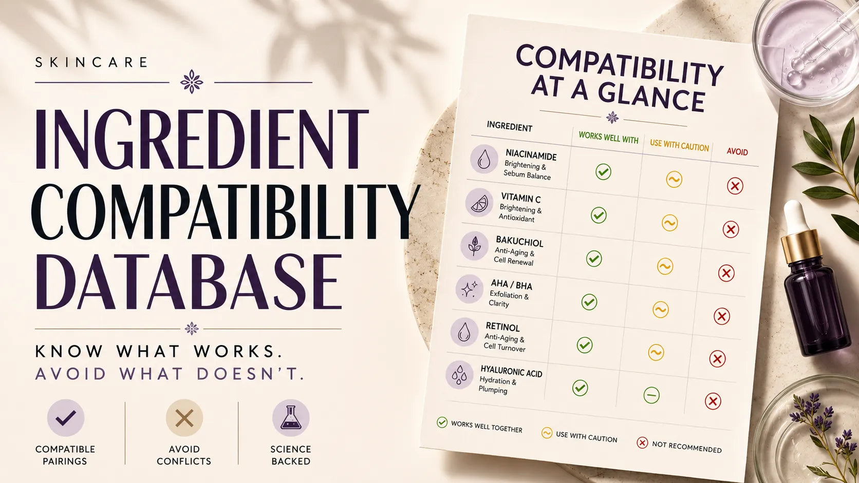 Skincare ingredient compatibility chart with large typography and visual guide showing which ingredients work well together or should be avoided.