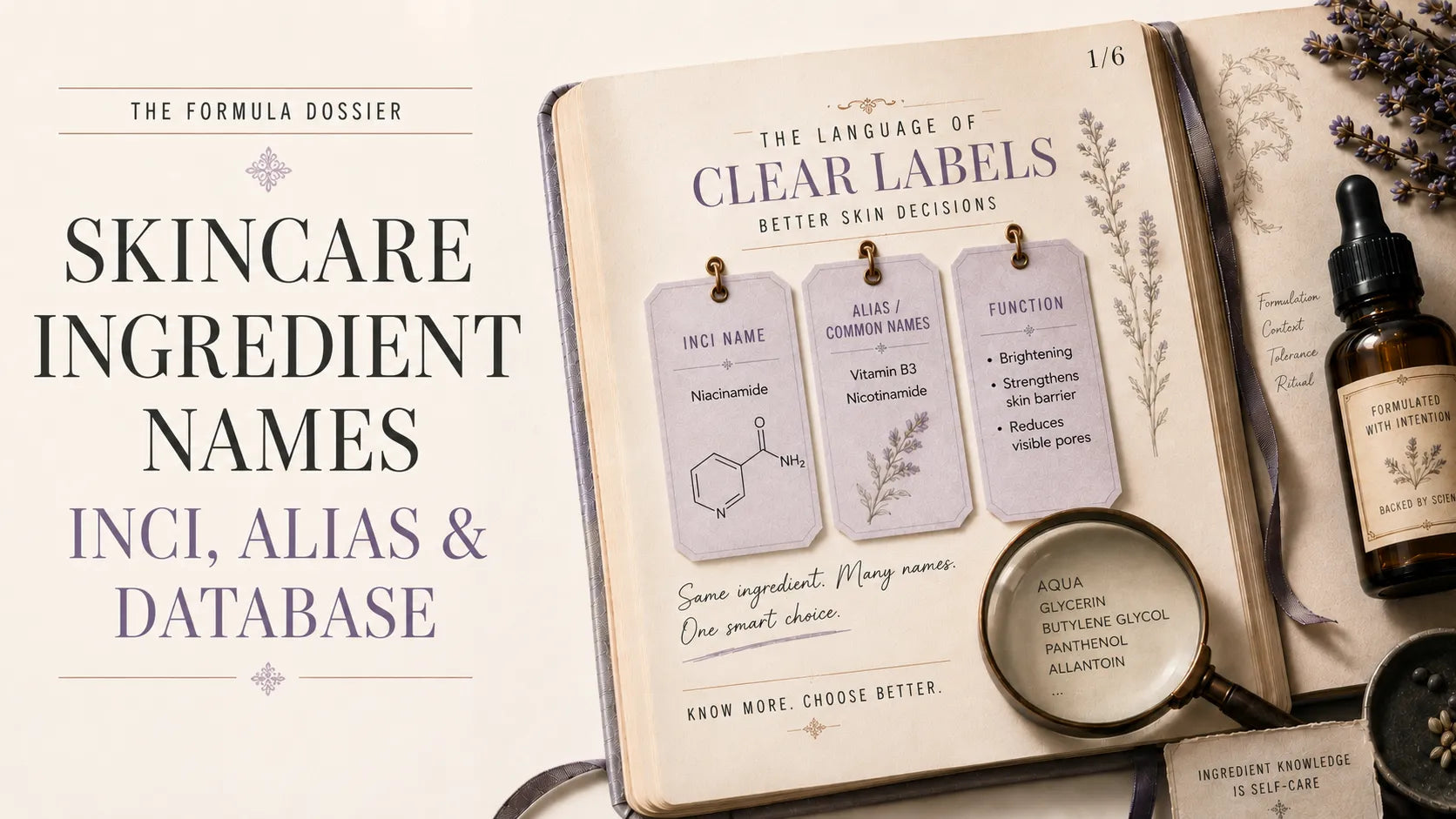 Skincare ingredient guide banner with INCI labels, open dossier, and dropper bottle in a luxury editorial layout.
