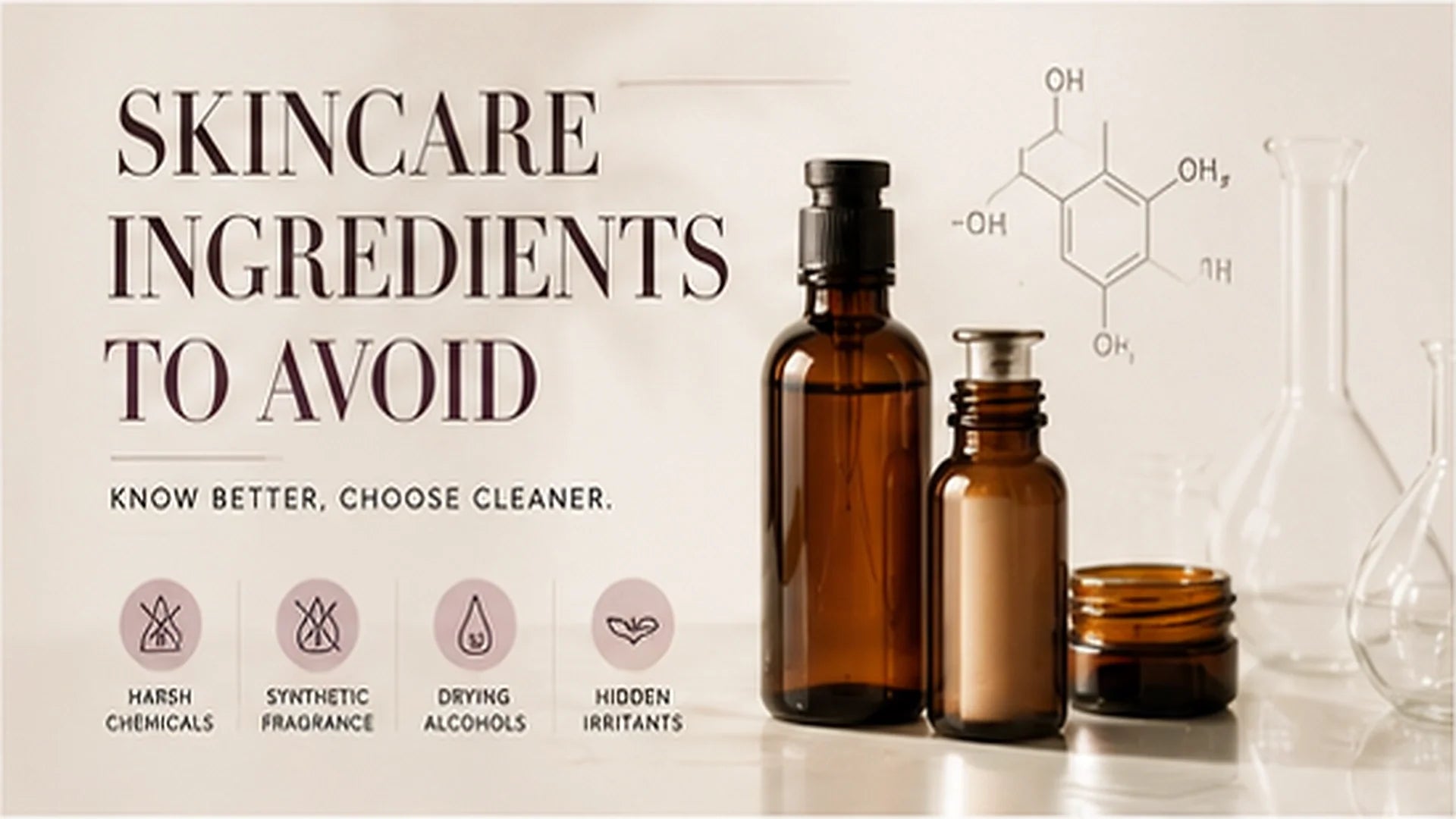Skincare ingredients to avoid editorial guide with amber bottles and ingredient icons.